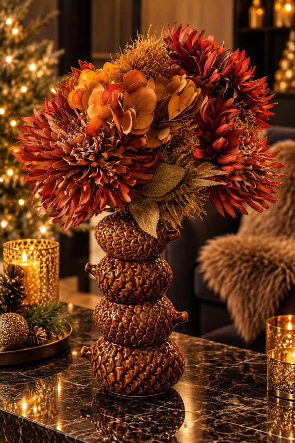 : Autumn Elegance – Luxe Herfstboeket met Bruine Decoratievaas
