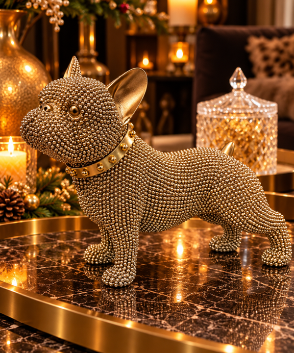 Luxe Franse Bulldog Decoratiebeeld Goud – Met Gouden Steentjes