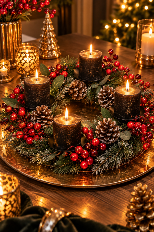 Royal Winterberry – Luxe Adventskrans met Vier Kaarsenhouders