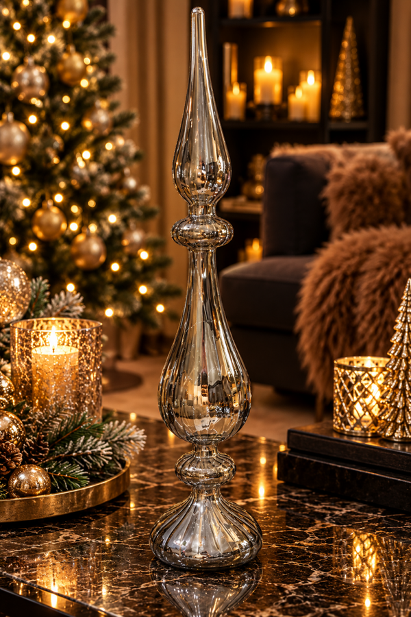 Silver Elegance – Luxe Glazen Decoratiepiek met LED Verlichting