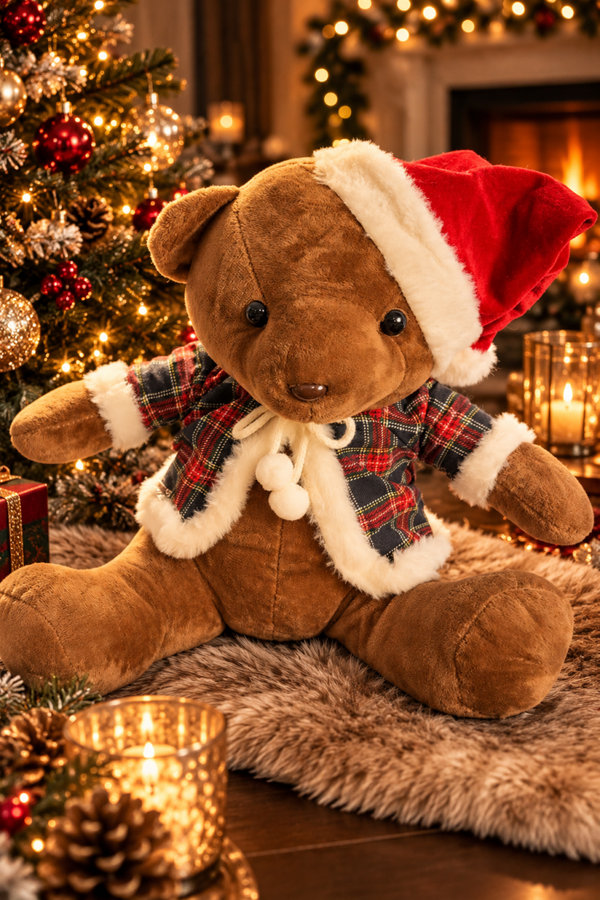 Christmas Teddy Bear – Luxe Kerstbeer met Kerstmuts & Geruit Jasje