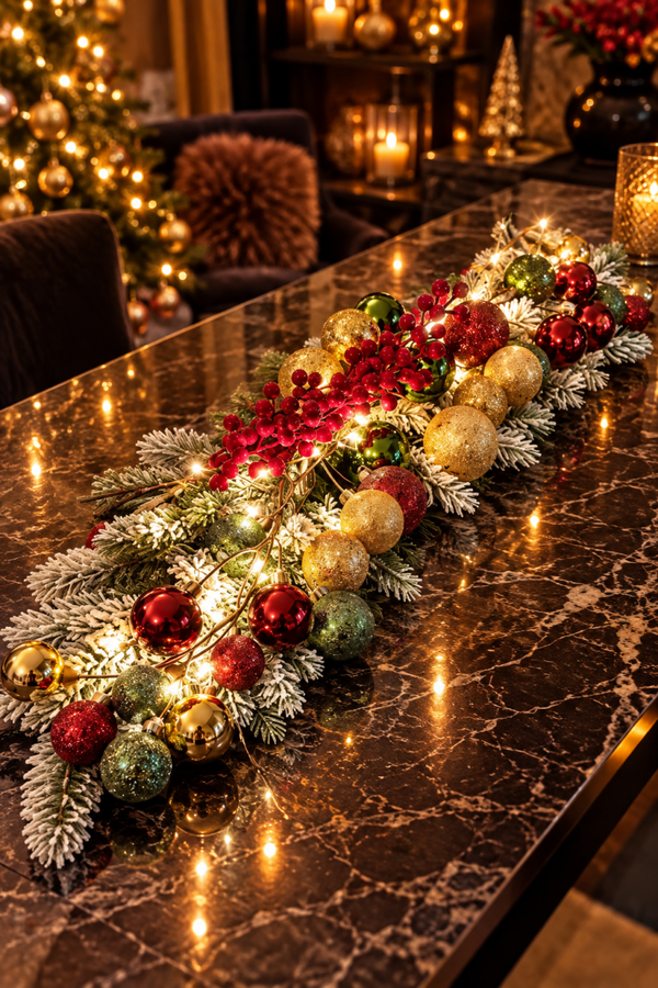 Christmas Elegance – Luxe Kerstslinger met LED Verlichting – Rood, Groen & Goud