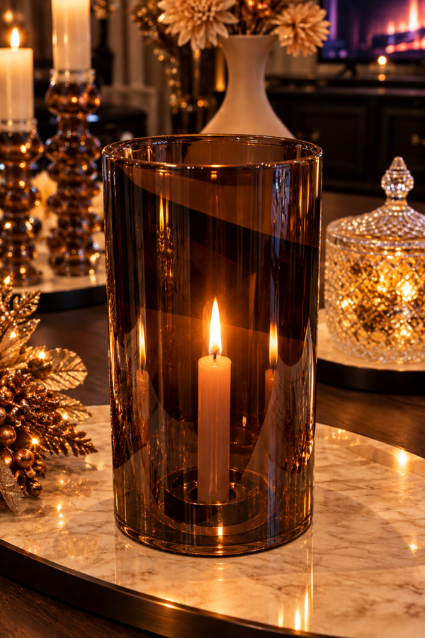 Amber Glow Elegance – Luxe Glazen Windlicht met 3 Dinerkaarsen | Smokey Brown