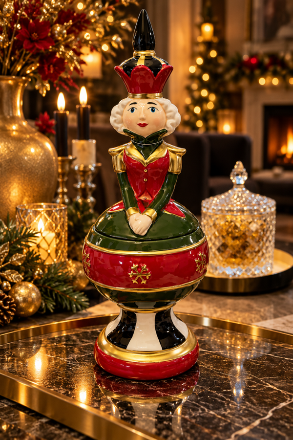 Luxe Kerst Koekjestrommel Notenkraker Koningin – Rood, Groen & Goud