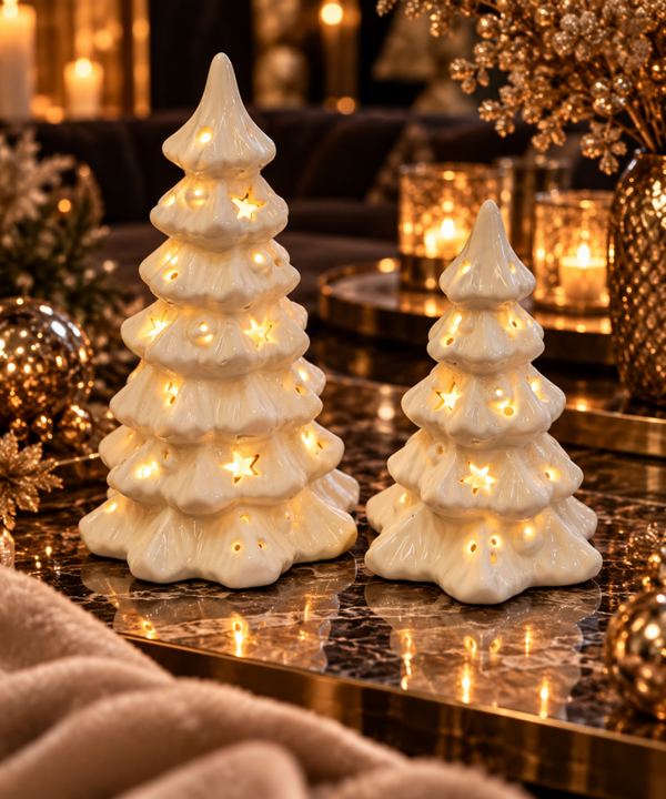 Luxe Keramieken Kerstbomen met Verlichting – Set van 2