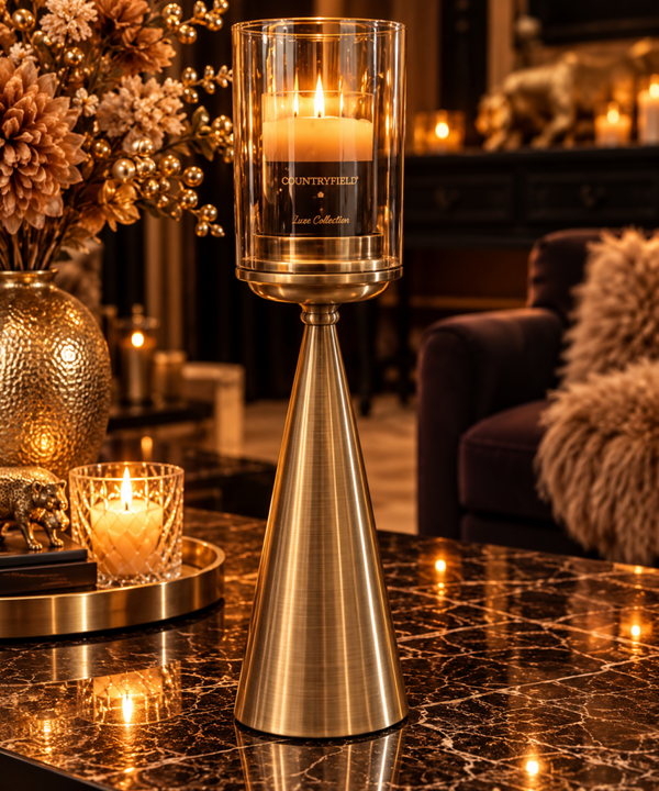 Luxe Windlicht op Hoge Metalen Voet – Brons met Countryfield LED Kaars
