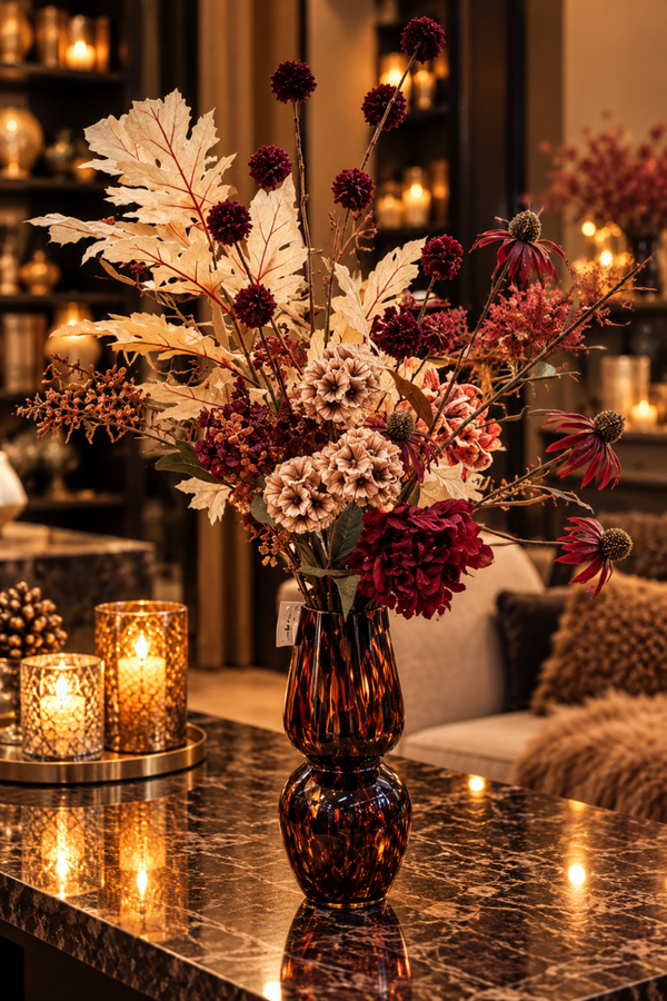 Autumn Romance – Luxe Herfstboeket met Amberkleurige Glazen Vaas