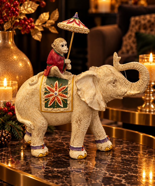Luxe Decoratie Olifant met Aapje en Parasol – Oosterse Stijl