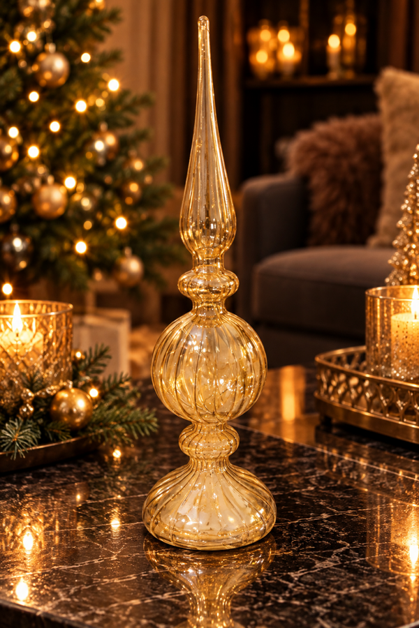** Golden Elegance – Luxe Glazen Kerstpiek Champagnegoud**