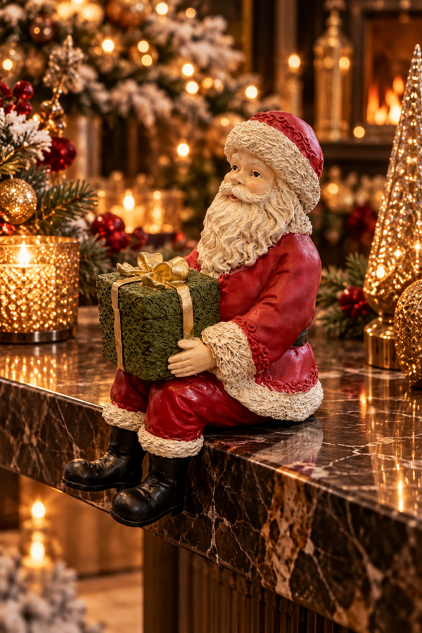 Santa's Golden Gift – Luxe Zittende Kerstman met Cadeau
