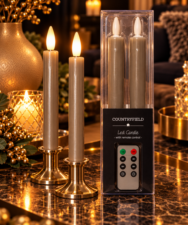 Countryfield Luxe LED Dinerkaarsen Taupe – Set van 2 inclusief Afstandsbediening
