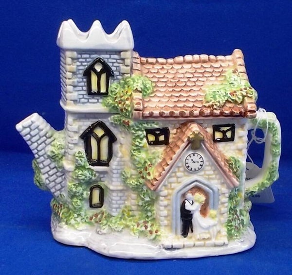 92615, theepot, kerk met bruidspaar
