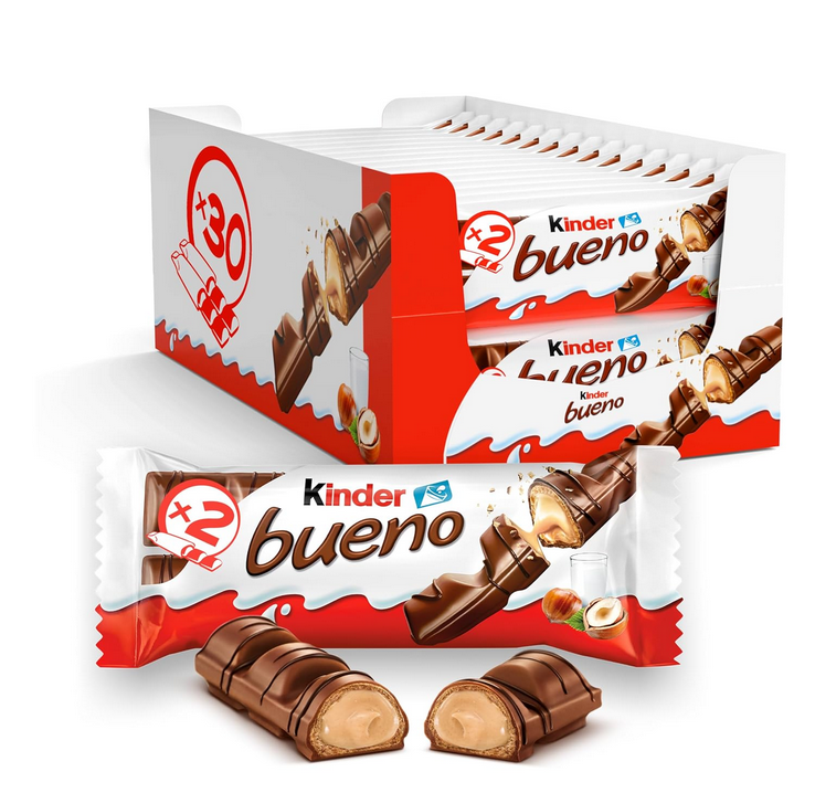 Kinder bueno – Schokoriegel mit knuspriger Waffel, Milch-Haselnuss-Creme und Vollmilchschokolade – 30 Packungen mit je 2 Einzelriegeln (30 x 43 g)