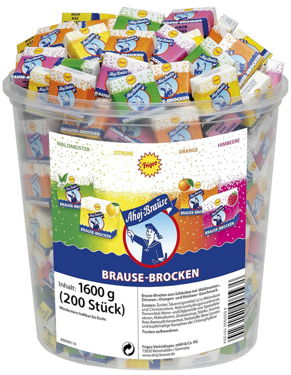 Frigeo Ahoj-Brause Ahoj-Brause Brause-Brocken–extra große Brause-Stücke in vier prickelnden, süß-sauren Geschmacksrichtungen, Brause-Würfel einzeln verpackt, im Vorrats-Pack, 200 Stück im 1,6 kg Eimer