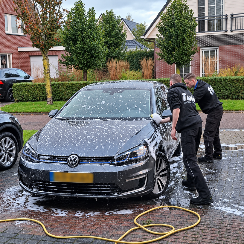 Voor het polijsten eerst de Volkswagen E-Golf wassen