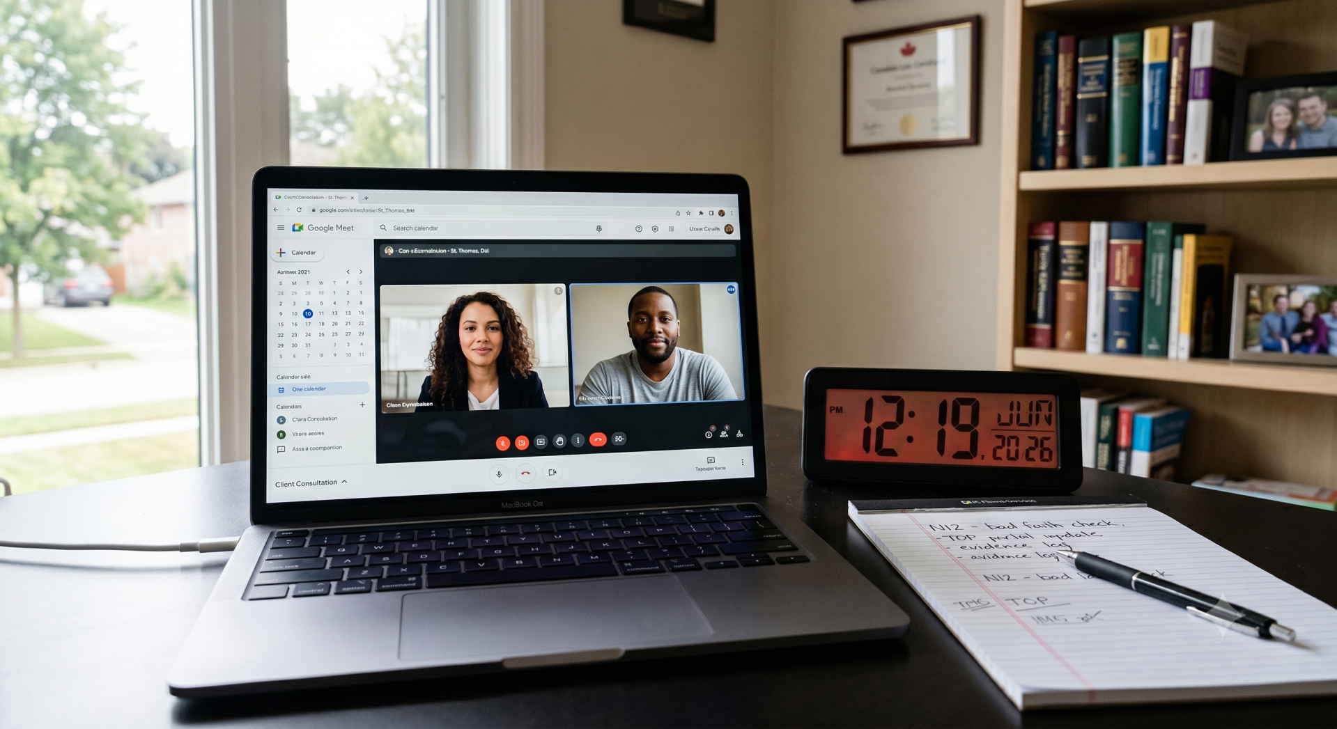 Virtual legal consultation workspace for Theodore Smith Paralegal Services in St. Thomas, Ontario. An open laptop on a home office desk displays an active Google Meet video call with an LTB client alongside a digital calendar scheduler. Next to the laptop