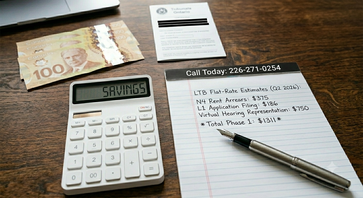 An overhead view of a flat-rate legal services fee calculation desk setup for Theodore Smith Paralegal Services in St. Thomas, Ontario. On a dark wood surface, a white digital desk calculator displays the word "SAVINGS" on its screen next to a lined notep