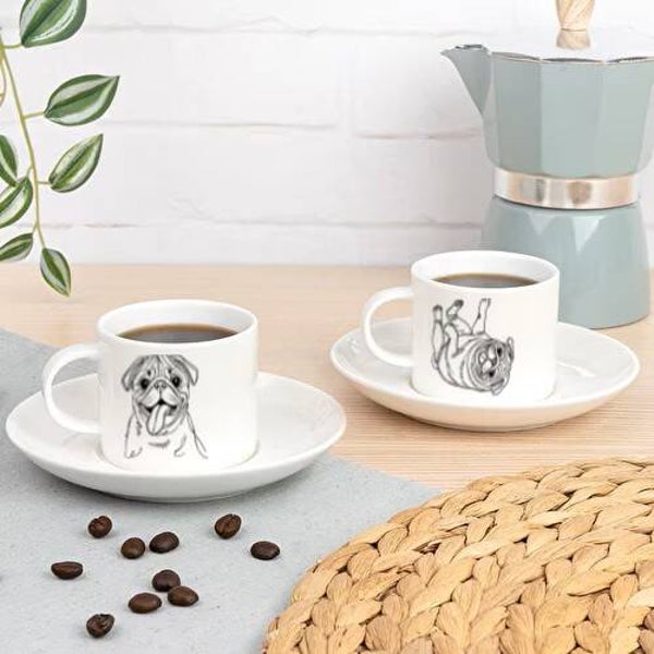 Set espresso koffiekopje en schotel mops hond