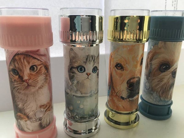 Bellenblaas flesje met katje of hondje in roze, blauw, goud of zilver