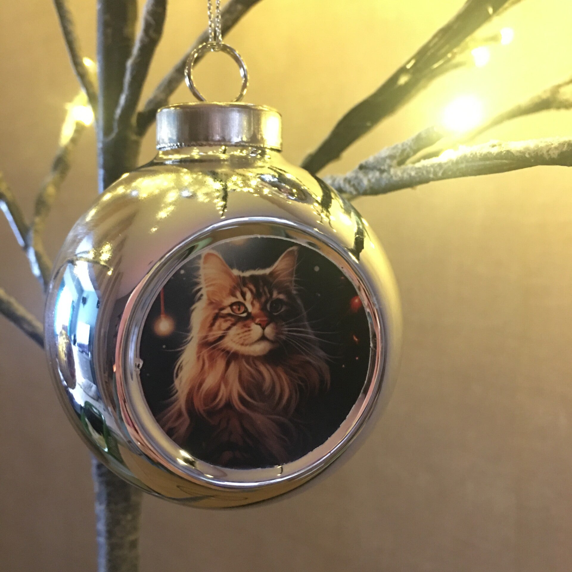 Zilveren kerstbal katje