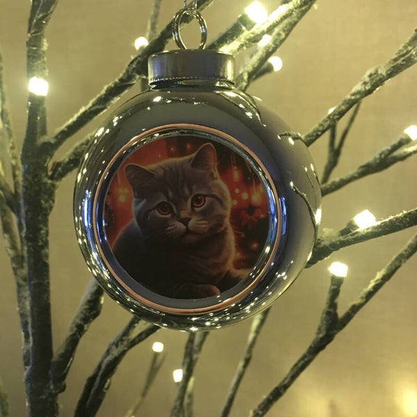 Zilveren kerstbal katje