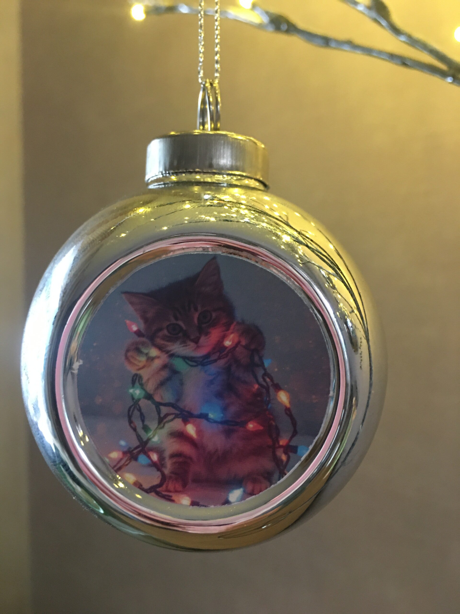 Zilveren kerstbal katje