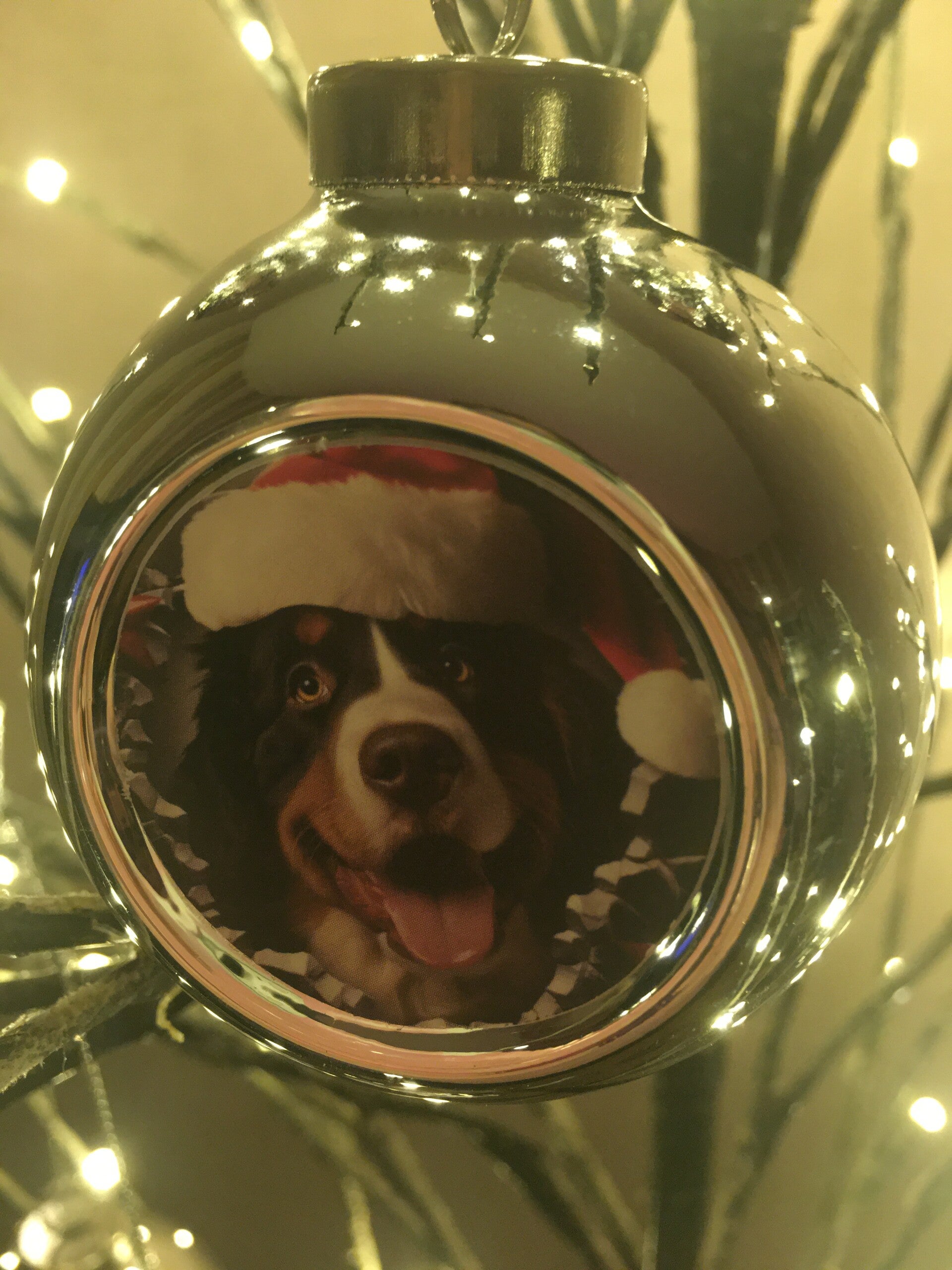 Zilveren kerstbal hondje