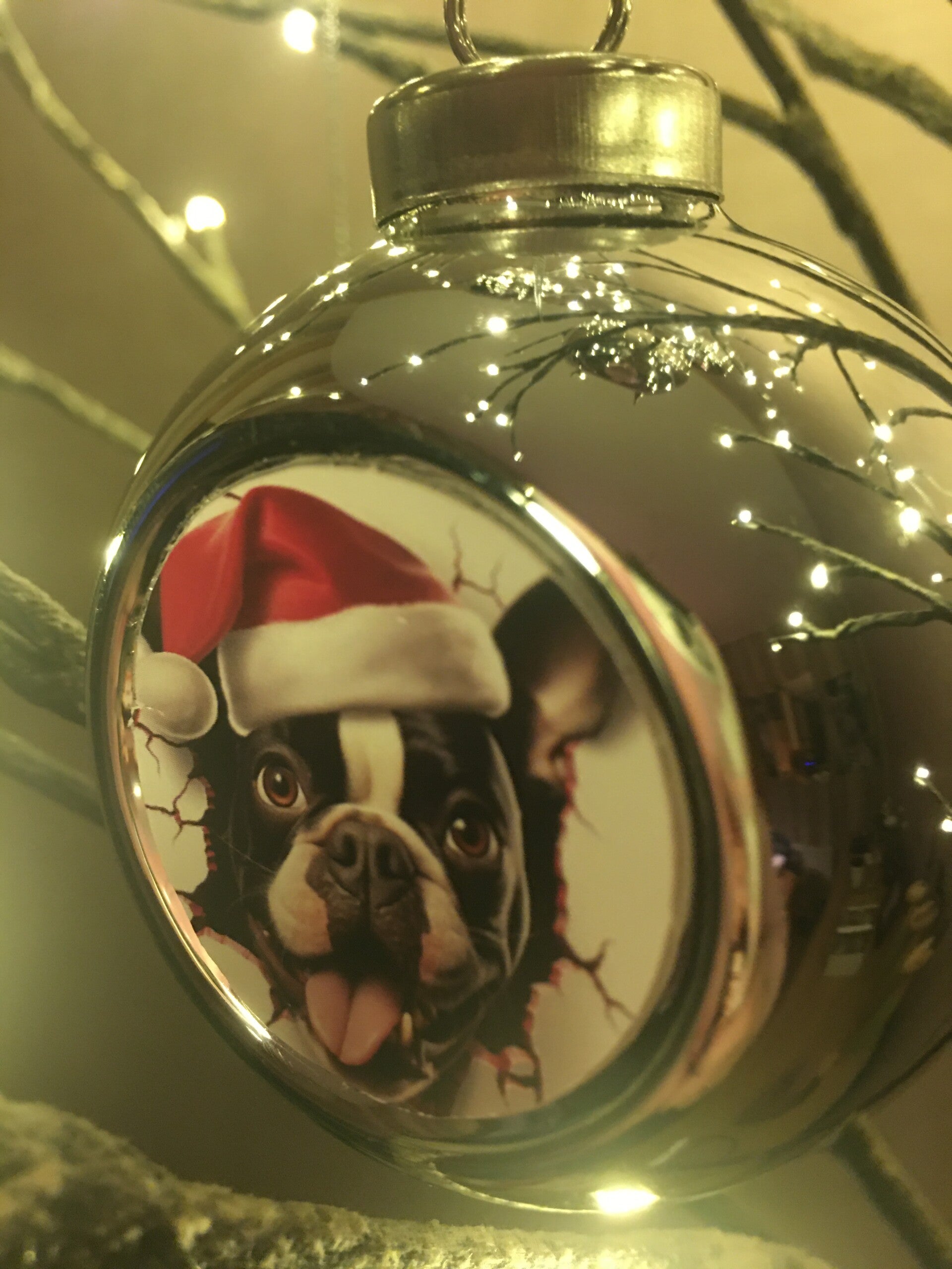Zilveren kerstbal hondje