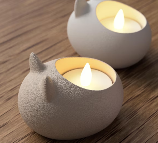 3D-geprinte LED-theelichthouder in de vorm van een kat
