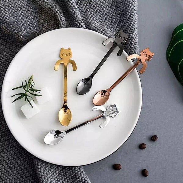Koffielepel hangend katje in kleur zilver, zwart, goud of rosé goud