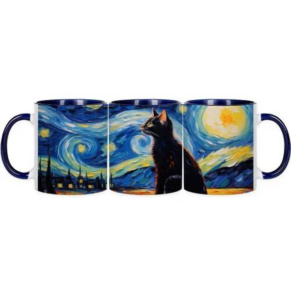 Keramische mok donkerblauw katje ontmoet Van Gogh