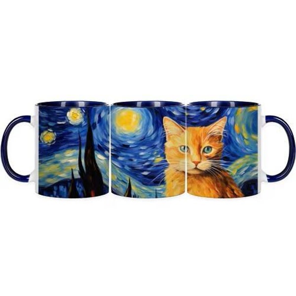 Keramische mok donkerblauw katje & Van Gogh