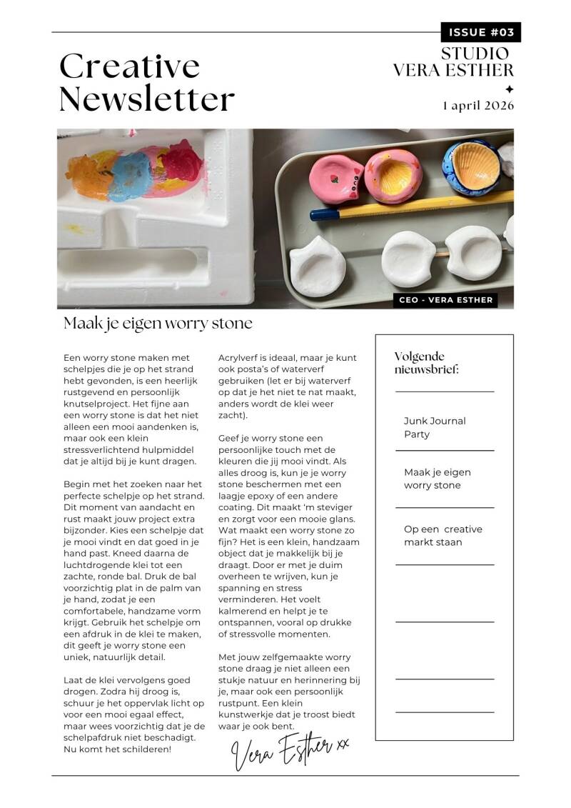 Creative newsletter. Blog 'je eigen worry stone maken'. worry stone van luchtdroog klei. Airdry clay worry stone idee. Worry stone met schelp maken. Cute knutsel creatief idee. 