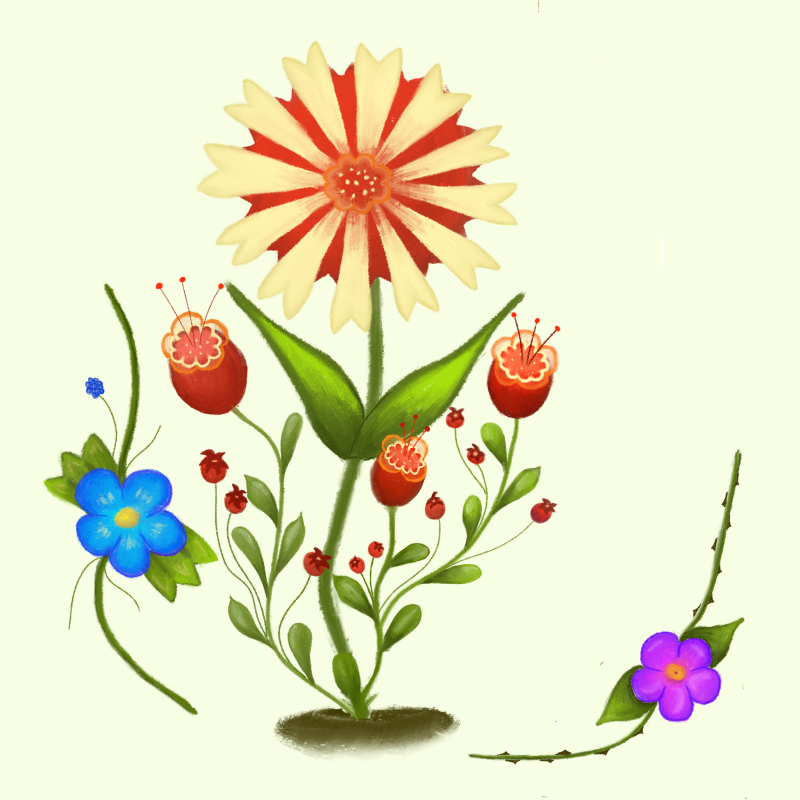 Digitale tekening. Folk art  illustratie. Bloemen schets. Procreate illustraties.