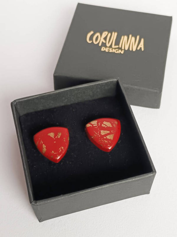 Burgundy and gold triangle stud earrings