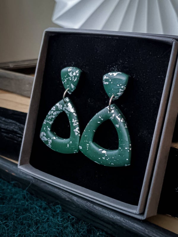 Large Triangle statement earrings in green and silver
