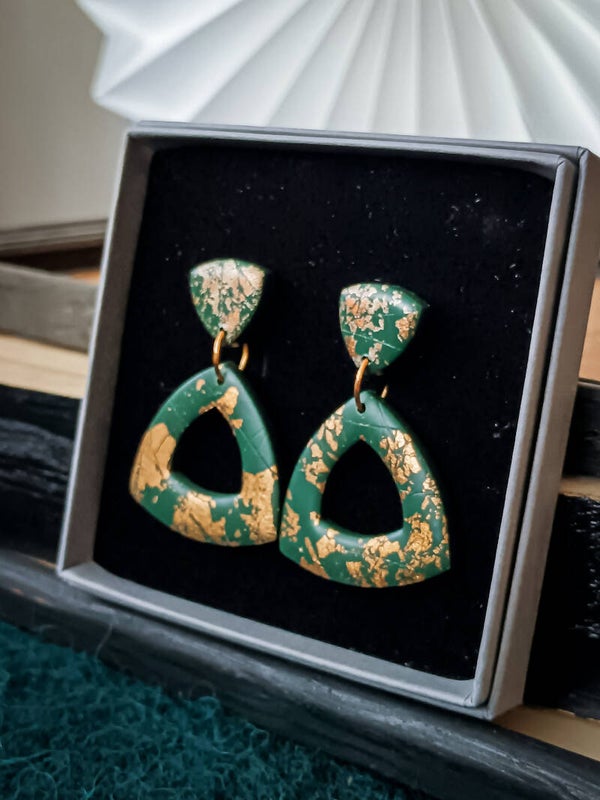 Large Triangle statement earrings in green and gold