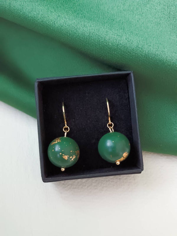 Small beaded earrings — forest green and gold