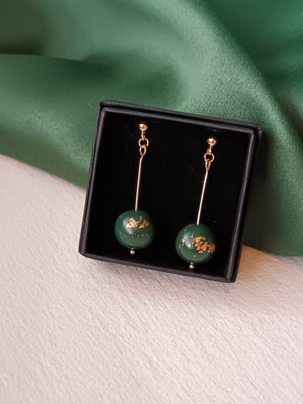 Long small bead earrings in forest green
