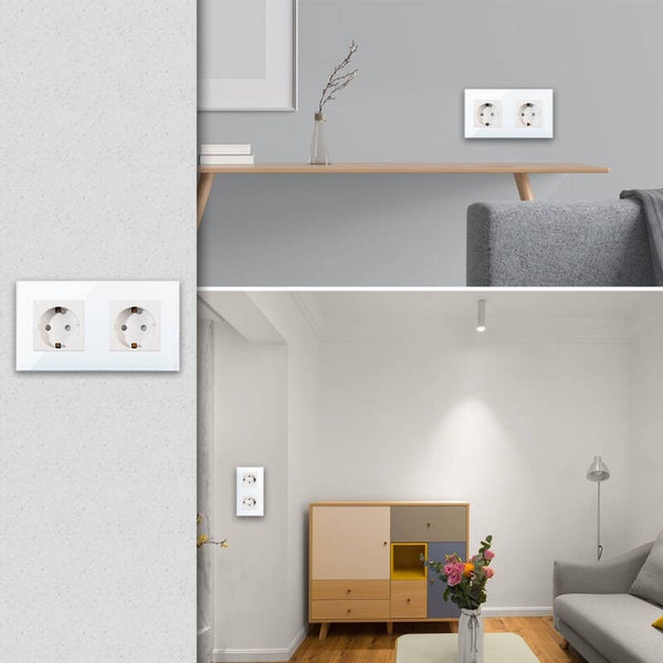 2 Fach Steckdose mit Glas Rahmen Weiß komplett