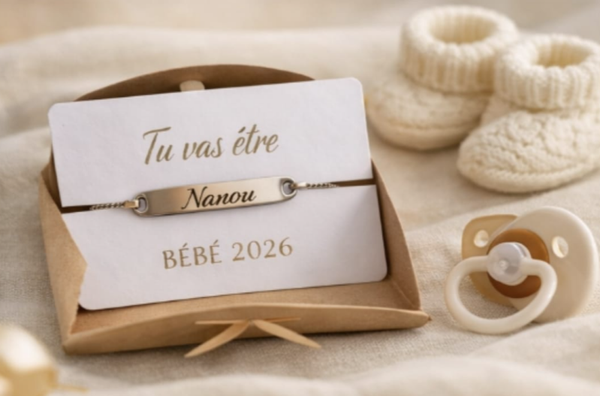 Carte d annonce "Tu vas être ... "+ bracelet gravé