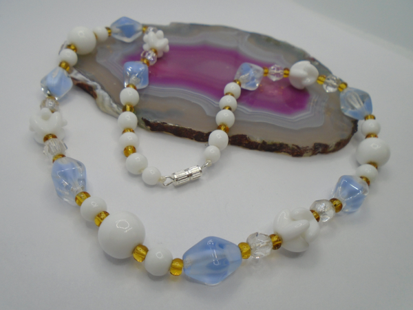 Vintage 1950's Blue Givre and White Milk Glass & Amber Seed Beads Necklace .