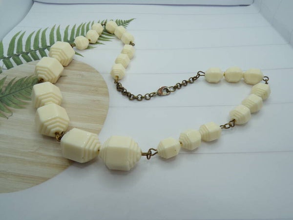 Vintage Hand Strung Linked Cream Lucite Geometric Beads Necklace.