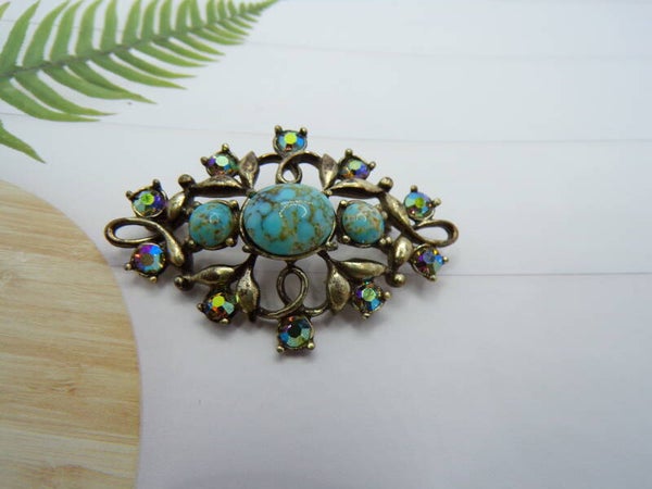 Vintage AB Glass Stones & Turquoise Silver Tone Stones Brooch