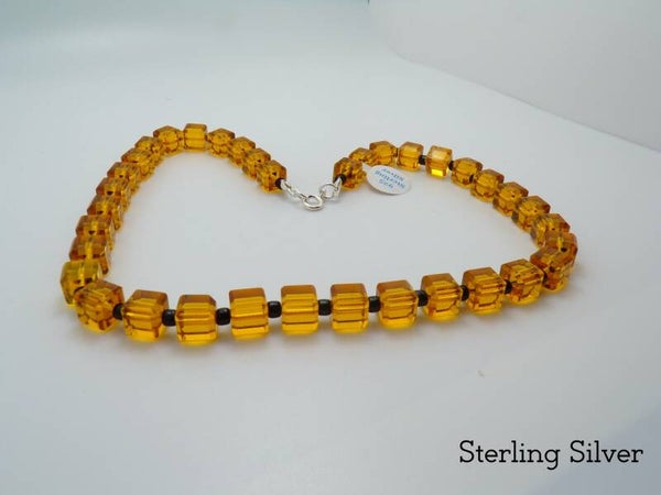 Vintage Style Amber Cube Beads & Black Bead Necklace.