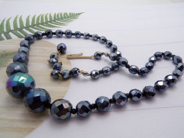 Splendid Vintage AB Blue Faceted & Seed Bead Graduated Necklace.