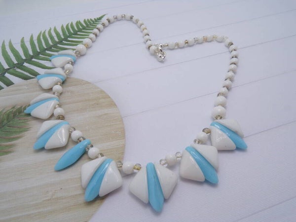 Vintage Blue White Glass Bead Necklace  Bead Necklace.