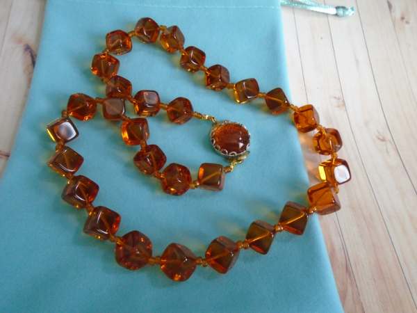 Lovely Vintage Cube Amber Crystal Glass Bead Necklace ~ West Germany.