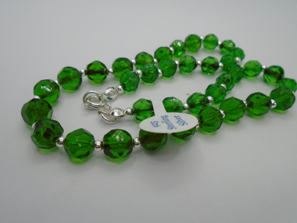 This Impressive Vintage Green Faceted Crystal & Silver Bead Restrung Sterling Silver Necklace.