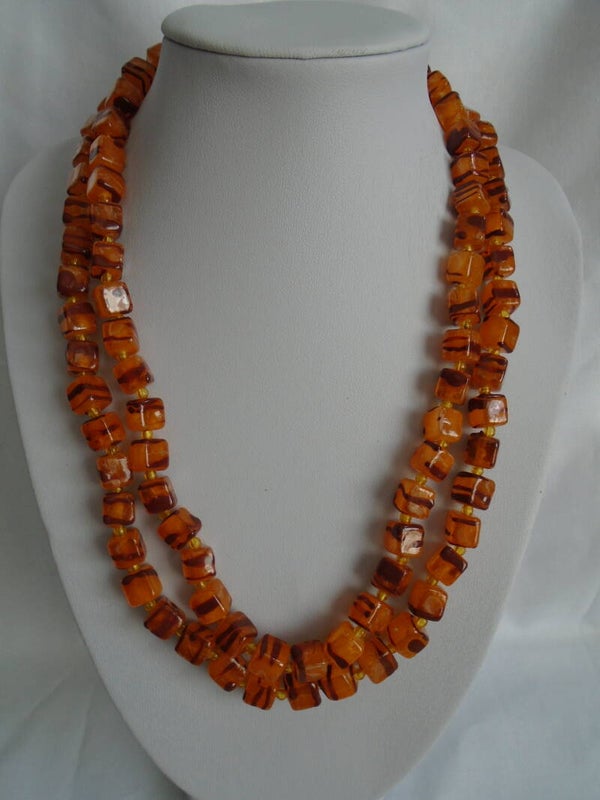 Vintage Eye - Catching Gold & Brown Round and Square Celluloid Bead Necklace.